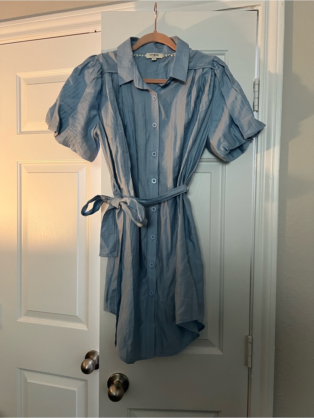 Umgee Light Blue Button-Front Shirt Dress with Tie Waist